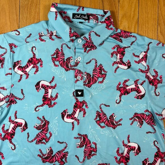 Bad Birdie Other - Bad Birdie Polo Shirt Mens Small Blue Tiger All Over Print Golf Performance